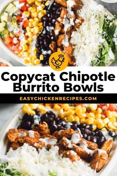 this copycat chipotle burrito bowl is loaded with chicken, black beans, corn and rice