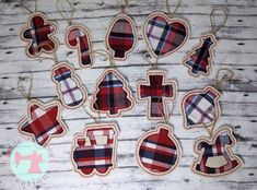 plaid christmas ornament set on wooden background