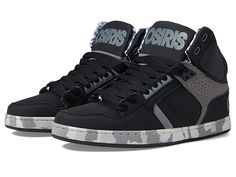 Osiris NYC 83 Classic - Men's Shoes : Black/Grey/Paint : Classic high-top design meets modern skate technology with the clean Osiris NYC 83 CLK shoe! High-top silhouette. Perforated uppers of durable synthetic and textile materials. Breathable mesh lining. Embroidered logo patch adorns tongue. Padded insole for added comfort. Vulcanized outsole for optimum board feel and flexible wear. Imported. Measurements: Weight: 1 lb 0.8 oz Product measurements were taken using size 9.5, width D - Medium. P Urban High-top Basketball Shoes With Translucent Outsole, Streetwear High-top Sneakers With Translucent Outsole, High-top Sneakers With Translucent Outsole For Skateboarding, Streetwear High-top Mesh Sneakers With Branded Insole, Urban Basketball Shoes With Translucent Outsole, Low-top Mesh Skate Shoes For Streetwear, High-top Skate Shoes For Streetwear With Branded Insole, Mid-top Skate Shoes With Translucent Outsole For Streetwear, Mesh Low-top Skate Shoes For Streetwear