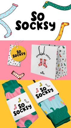 an advertisement for socks with the words so socksy on it and two pictures of socks