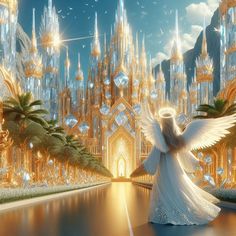 an angel standing in front of a castle with crystal buildings and palm trees on either side