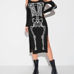 Never Worn. Bought A Few Different Options But Only Keeping One For Halloween. Long Black Skeleton Dress Edgy Black Halloween Dress, Black Stretch Dress For Halloween, Black Spooky Party Dress, Spooky Black Party Dress, Fitted Skull Print Dress For Spring, Edgy Fitted Skull Print Dress, Fitted Skull Print Dresses For Spring, Spring Fitted Dress With Skull Print, Punk Skull Print Dresses For Halloween