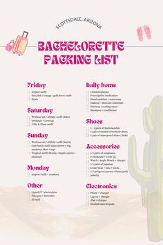 a pink and white poster with the words bachelor packing list on it's side