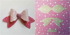 two pictures one with pink and white glitter bows, the other has gold stars on it