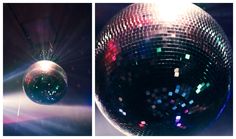 a disco ball hanging from the ceiling in front of a light source and an image of its reflection