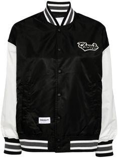 black/white colour-block panelled design appliqué logo striped edge baseball collar front press-stud fastening drop shoulder long sleeves ribbed trim two side welt pockets straight hem White Colour, Colour Block, Black And White Colour, Press Studs, Panel Design, Welt Pockets, Welt Pocket, Drop Shoulder, Varsity Jacket