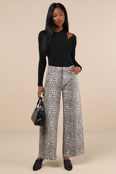 Fierce 'fits are inevitable when they include the Lulus Wildly Poised Beige Faded Leopard Print Wide-Leg Jeans! Sturdy cotton twill shapes these iconic pants that boast a faded, Y2K-inspired leopard print as they fall from a high-rise fit with belt loops, a five-pocket cut, and a hidden zip fly below a top button closure. Ultra-wide pant legs allow for the most comfortable fit, before finishing at baggy, full-length hems. Fit: This garment fits true to size. Length: Ankle length. Size medium Ins Chic Winter Outfits, Ultra Wide, Wide Pants, Bottom Clothes, Natural Fabrics, Y2k Fashion, Wide Leg Jeans, Bottoms Pants, Ankle Length