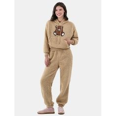 Kick back in style with No Boundaries Teddy Fleece Hoodie and Joggers Set. This cozy sweatshirt features a classic pullover design, drawstring hood, kangaroo pocket, and an eye-catching font applique, while the matching joggers have an elastic waistband and cuffs for added comfort. From lazy Sunday mornings to brisk evening strolls, this comfy and cushy teddy fleece set has you covered. Only at Walmart. Size: XXL.  Color: Brown.  Gender: female.  Age Group: adult. Womens Oversized Sweatshirts, Tops Fall Outfits, Hoodie And Joggers, Thermal Hoodie, Joggers Set, Teddy Fleece, Womens Thermal, Lazy Sunday, Jogger Set