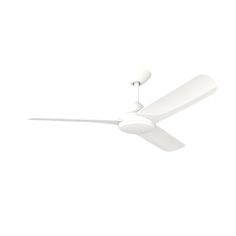 a white ceiling fan against a white background with the light on it's blades