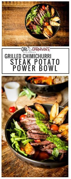 grilled chimichurri steak and potato power bowl with text overlay that says grilled chimichirri steak and potato power bowl