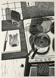 a black and white drawing of cooking utensils on a stove top with an oven in the background