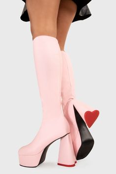 Sweet Talker Platform Knee High Boots in Pink faux leather. These platform boots feature a minimalist look with a heart shaped heel, keeping it nice and classy. Made with eco-friendly materials and 100% cruelty-free, these platform boots are as ethical as they are chic. Vegan PU Leather Wipe Clean Platform Gogo Boots, Pink Fur Boots, Pink Platform Boots, Platform Knee High Boots, Sweet Talker, Knee High Platform Boots, Red Platform, My Aesthetic, Tour Outfits