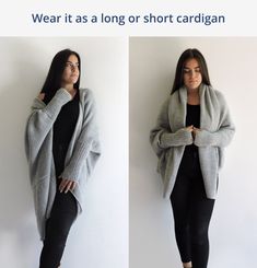 two images of a woman wearing a long cardigan sweater and leggings, both with her hands on her hips