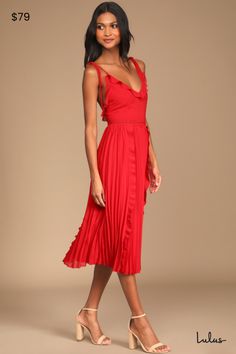 A great day begins with the Lulus Never a Dull Moment Bright Red Tie-Strap Pleated Midi Dress! Lightweight, woven chiffon shapes this darling dress with adjustable tying straps and a ruffled, V-neckline. Darted bodice carries into a fitted waist, accented with sheer, pierced embroidery, and a pleated midi skirt with ruffled trim that trails down the sides. Hidden back zipper/clasp. Fit: This garment fits true to size. Length: Knee to mid-calf length. Size medium measures 41" from adjustable stra Pleated Dress Midi, Never A Dull Moment, Red Summer Dresses, Chiffon Midi Dress, Ruffled Neckline, Red Tie, Darling Dress, Pleated Midi Dress