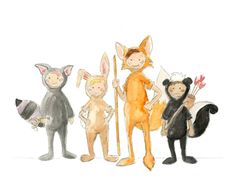 a group of children in animal costumes standing next to each other on a white background