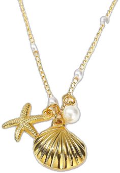 Gold Starfish Shell Necklace, Gold Necklace With Starfish Charm, Gold Shell-shaped Necklace With Starfish Charm, Gold Starfish Jewelry With Pearl Charm, Starfish Necklace Gold, Necklace For Women Gold, Seashell Pendants, Charms Necklace, Starfish Necklace