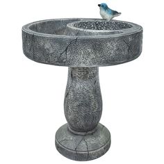 a bird is sitting on the edge of a stone pedestal sink that has cracked paint