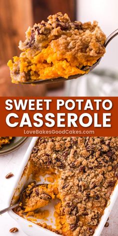 sweet potato casserole with crumbled toppings in a white dish