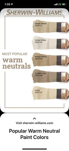 the most popular warm neutral paint colors for walls and ceilings, from top to bottom