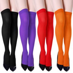 PRICES MAY VARY. What You Get: with 4 pairs of Halloween costumes knee high socks in 4 vibrant colors, including orange, purple, black, red it can meet your different needs for color and show your leg shape Stretchy Socks: the Halloween knee high socks for women are made of polyester, nylon and spandex, thin material is more comfortable and breathable, it is high elastic and durable, can fit for most people Classic Versatile Style: the halloween thigh high socks are stylish and trendy to meet yo Womens Knee High Socks, Thigh High Stocking, Halloween Costume Accessories, Thigh High Socks, Knee Socks, Knee High Socks, Versatile Style, Thigh High, Purple Black