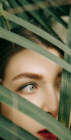 a woman with green eyes looking through the leaves