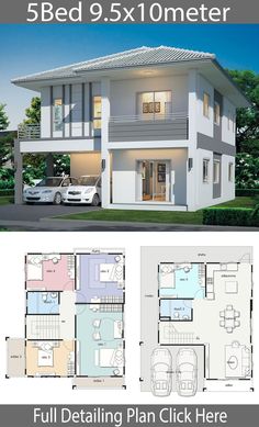 three story house plan with floor plans and measurements