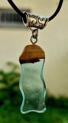 a glass pendant hanging from a leather cord with a wooden piece in the middle and green grass behind it