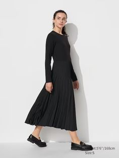 Combination Dress | UNIQLO US Uniqlo Dress, Combination Dresses, Styling Ideas, Crepe Fabric, Double Knitting, Flare Skirt, Uniqlo, Colorful Dresses, Dresses With Sleeves