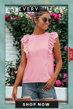 Ruffle Sleeveless Tied Open Back Blouse Sleeveless Summer Blouse With Ruffles, Spring Ruffle Sleeveless Blouse, Sleeveless Ruffled Blouse, Feminine Ruffled Sleeveless Blouse, Elegant Sleeveless Tie-back Blouse, Bow Back, Tie Backs, Sleeveless Blouse, Ruffle Trim