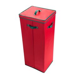 a red trash can sitting on top of a white floor