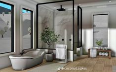 the bathroom is decorated in white and black with marble walls, flooring, and windows