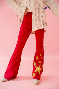 AMERICAN DREAM RED FLARES FLARES Judith March Festive Fitted Red Bottoms, Fitted Red Bottoms For Festive Occasions, The Flare, Red Flare, Square Pants, Perfect Pant, American Dream, Gold Stars, All The Way