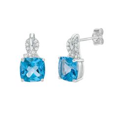 These gorgeous sterling silver blue topaz and diamond accent drop earrings are the perfect way to finish any outfit. These gorgeous sterling silver blue topaz and diamond accent drop earrings are the perfect way to finish any outfit. Length: 12 mm Backings: post Metal: sterling silver Plating: rhodium Finish: polished Packaging: boxedSTONE DETAILS Stone type: blue topaz Total weight: 2 1/3 ct. Center stone size: 7 mm x 7 mm Shape: cushion cut Setting: prongDIAMOND DETAILS Total weight: less than Blue Diamond Drop Earrings With Accents, Classic Blue Topaz Earrings With Diamond Accents, Blue Diamond Earrings With Accents In Sterling Silver, Formal Blue Topaz Earrings With Diamond Accents, Elegant Blue Diamond Sterling Silver Earrings, Elegant Blue Diamond Earrings In Sterling Silver, Blue Topaz Earrings With Diamond Accents For Anniversary, Blue Sterling Silver Diamond Earrings, Blue Diamond Earrings In Sterling Silver