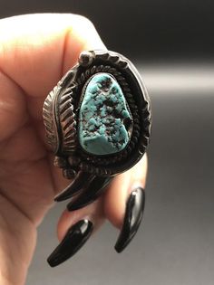 Large Amazing Navajo Sterling Silver Turquoise Leaf Ring Size 6.5 Vintage Southwestern Style Collectible Jewelry With Large Stone, Southwestern Style Large Stone Collectible Jewelry, Southwestern Concho Ring Jewelry, Untreated Southwestern Jewelry Collectible, Southwestern Turquoise Ring With Concho, Southwestern Turquoise Ring, Survival Hacks, Garnet And Gold, Leaf Ring