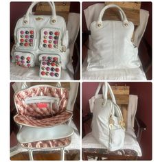 Rare Unicorn Betsey Johnson Lrg Leather White Handbag With Colored Studs & Matching Wallet This Is A Fabulous Large 3 Section Bag In Excellent Condition With Matching Wallet Colorful Stud Detail, Side Pockets Beautiful Hardware Including The Betsey Johnson Zipper Pulls. There Is Something Amazing To See On Every Part Of This Set. Even The Pink Floral Lining Is Gorgeous. White Handbag, Betsey Johnson Bags, Zipper Pulls, Women Accessories Bags, The Pink, Betsey Johnson, Purses And Handbags, Pink Floral, Leather Bag