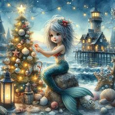 Seashell Christmas, Mermaid Artwork, Mermaid Christmas, Seashell Ornaments, Baby Fairy, The Seaside, Holiday Greetings, Christmas Magic, Christmas Greetings