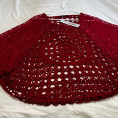 New Size Large Red Crocheted Poncho Top. This Top Has A Crocheted Center And Lace Sleeves. This Would Great Worn With Jeans And A Tank Top Or Worn Over A Turtle Neck. This Top Is New With The Original Tags. Red Long Sleeve Poncho, One Size, Red Crochet Top For Fall, Red Poncho For Beach In Fall, Red One Size Poncho For Beach, Red One Size Poncho For The Beach, Red One-size Poncho For The Beach, One Size Red Poncho For Beach, Jeans And A Tank Top, Lace Sleeve Blouse