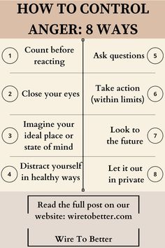 How to control anger: 8 ways. 1. Count before reacting 2. Close your eyes 3. Imagine your ideal place or state of mind 4. Distract yourself in healthy ways 5. Ask questions 6. Take action (within limits) 7. look to the future 8. Let it out in private. Read the full post on our website: wiretobetter.com | Wire To Better Ways To Control Emotions, How To Control Emotional Triggers, Emotional Control Self Regulation, How To Manage Anger Issues, How To Control My Anger, Ways To Control Anger, How To Control Your Anger, How To Manage Anger, How To Be Emotionless