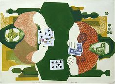 a painting with playing cards and money on it