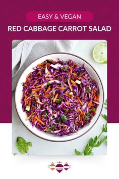 Bowl of vegan red cabbage carrot salad. Mayo Coleslaw Recipe, Cabbage Carrot Salad, Carrot Slaw Recipe, Quick Coleslaw, No Mayo Coleslaw, Vegan Cabbage, Healthy Coleslaw, Cabbage Carrot, Carrot Slaw