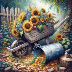 a painting of sunflowers in a wheelbarrow