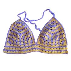 Loose Fitting Bralette Made With Acrylic Yarn. Granny Square Stitch, 4 Ties For Comfortable Fit. Fits A Large To Xl Or D To Small Dd Bust Lilac And Yellow Yellow Triangle Top For Spring, Yellow Triangle Halter Top For Summer, Yellow Triangle Top Halter For Beachwear, Yellow Triangle Halter Top For Spring, Yellow Triangle Halter Top For Beachwear, Spring Yellow Triangle Halter Top, Yellow Halter Neck Crop Top For Vacation, Yellow Triangle Halter Top For Vacation, Yellow Triangle Top For Vacation