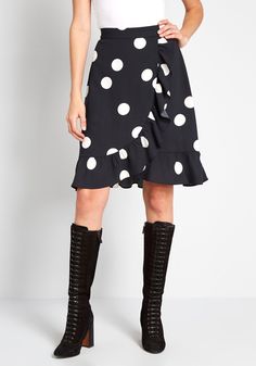 Adorned in white polka dots, this black A-line skirt offers fun, flirty style and endless styling opportunities ! Fall for the ruffled trim, high waistline, and wrap detail of this lightweight bottom from our ModCloth label. Polyester. Machine wash. Fabric does not provide stretch. Unlined. Side zipper with hook and eye closure. Imported | ModCloth It's a Wrap Ruffled A-Line Skirt in Black/White, Size 00 Vintage Style Swimwear, Black A Line Skirt, Flirty Style, Casual Dresses Plus Size, Midi Dress Plus Size, Vintage Swimwear, Plus Size Outerwear, Casual Rompers, Midi Dress Casual