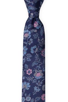 Slim tie - Blue, silver and pink flowers on dark blue Blue Silk Ties For Business, Blue Silk Tie For Black Tie Events, Blue Silk Ties For Semi-formal Occasions, Blue Semi-formal Necktie, Blue Semi-formal Standard Tie, Blue Semi-formal Neckwear, Formal Blue Silk Neckwear, Blue Silk Neckwear For Formal Occasions, Blue Standard Tie For Formal Occasions