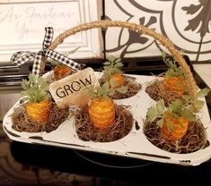 an arrangement of small oranges in a basket with the word grow written on it