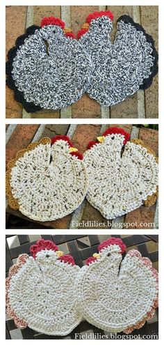 crocheted heart doily is shown in three different colors and sizes, along with the same pattern