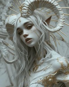 a white woman with horns and gold paint on her face is standing in front of a wall