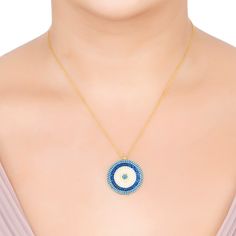 Make a statement with our beautiful Evil-Eye Pendant Necklace! This trendy piece of jewellery is just what you need to add a little sparkle to your look. Handcrafted with 925 sterling silver that has been dipped in 18ct gold, and an abundance of blue, white and yellow zirconia creating the protective evil eye that provides a magical feel. Wearing an Evil Eye charm pendant is believed to offer additional protection. The charm is thought to deflect negative intentions and attract good luck. If someone looks at you with envy or malice, the charm is said to absorb their negative energy, safeguarding you from harm. Handcrafted in 925 Sterling Silver dipped in 18ct gold. Cubic zirconia.  Packaging:  This item is presented in Latelita London signature packaging.  Care Instructions:  To maintain y Blue Fine Jewelry With Detachable Pendant, Blue Jewelry With Detachable Pendant, Blue Jewelry With Detachable Round Pendant, Blue Necklace With Detachable Round Pendant, Blue Necklace With Detachable Pendant In Fine Jewelry Style, Blue Sterling Silver Beaded Necklace For Gift, Elegant Blue Necklace With Evil Eye Detail, Elegant Blue Necklace With Evil Eye, Orange Evil Eye