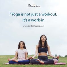 two women sitting on yoga mats in the middle of a field with a quote above them