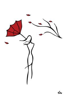 a drawing of a woman flying a red umbrella